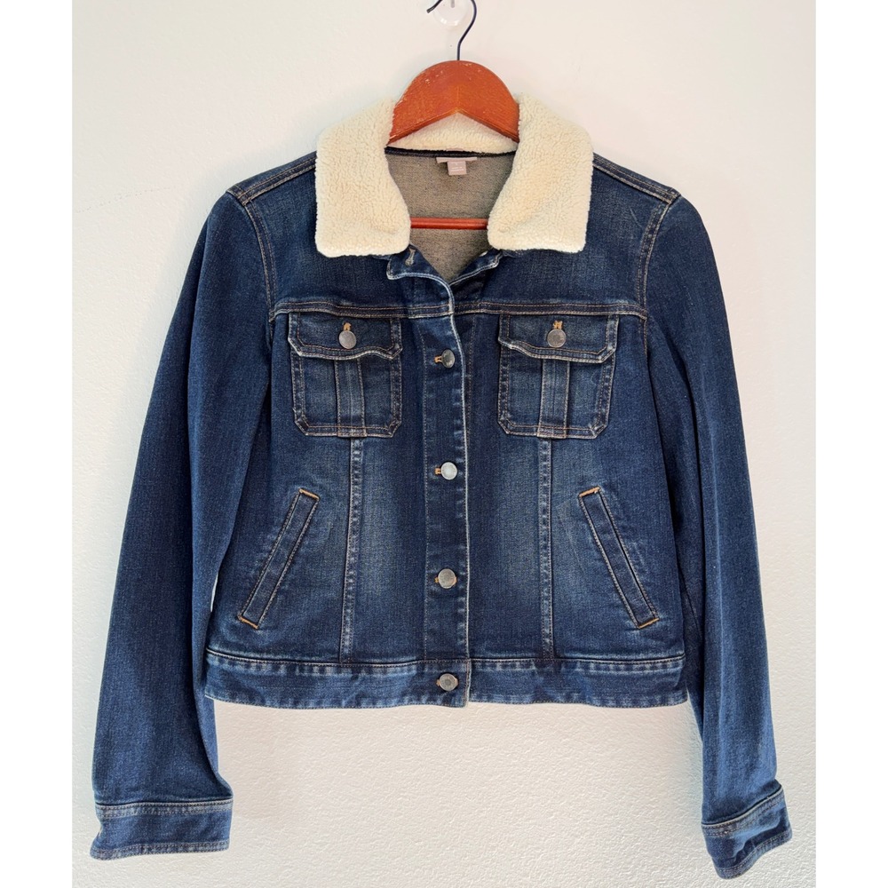 Y2K J.Jill Faux Fur Fleece Trim Denim Jacket Dark Wash Trucker Casual Bratz Doll